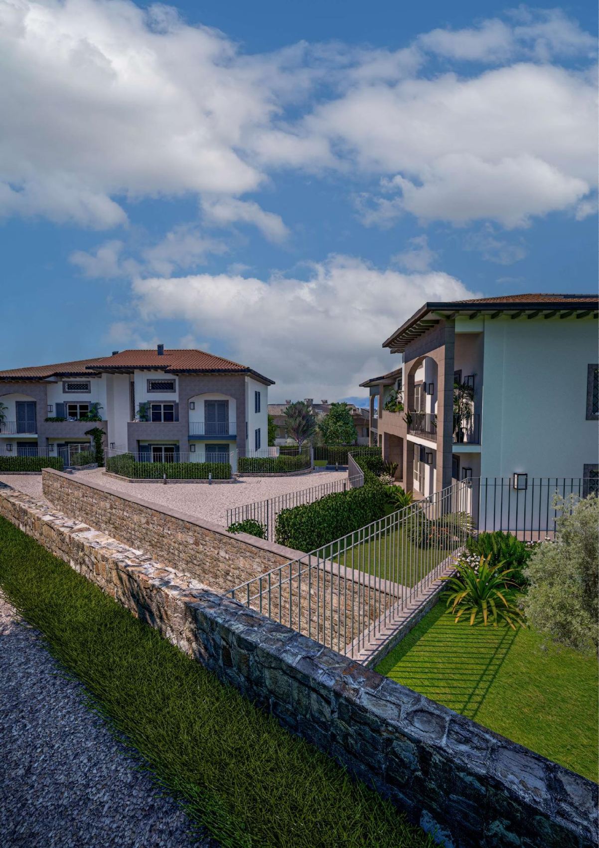 Render degli esterni del borgo con muretti in pietra e giardini